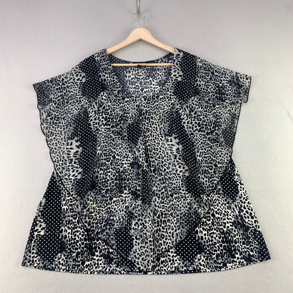 Adele & May Blouse Womens 3X Black White Animal Print Polka Dot Flutter Sleeve